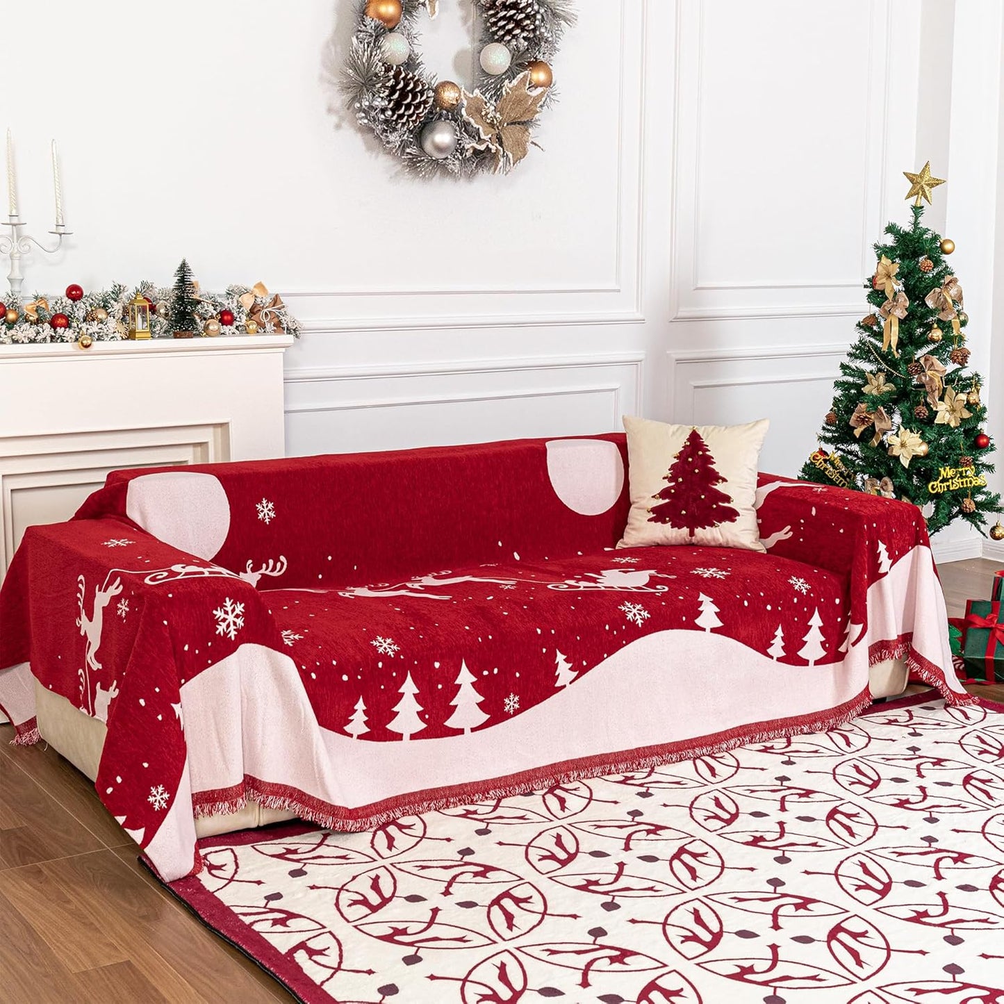 MYSKY HOME Christmas Chenille Sofa Slipcover Couch Covers for Sectional l Shaped Couch Pets Protector Furniture Covers Futon Cover Super Soft Washable Couch Covers for 2 Cushion, 71"x102", Red