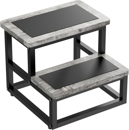 Step Stools for Kids Adults, Heavy Duty Stepping Stools Bed Steps for High Beds, Non-Slip Metal and Wooden 2 Steps Foot Stool for Bedside Kitchen, Round Corner, 500 Lbs Capacity, Gray Pattern