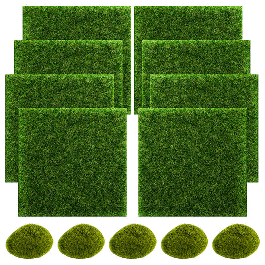 SNAIL GARDEN 13PCS Fairy Artificial Grass, 8Pack Life-Like Garden Lawn with 5Pcs Artificial Moss Rocks-Miniature Ornament Garden Fairy Accessories for DIY Decoration(6 x 6 Inch)