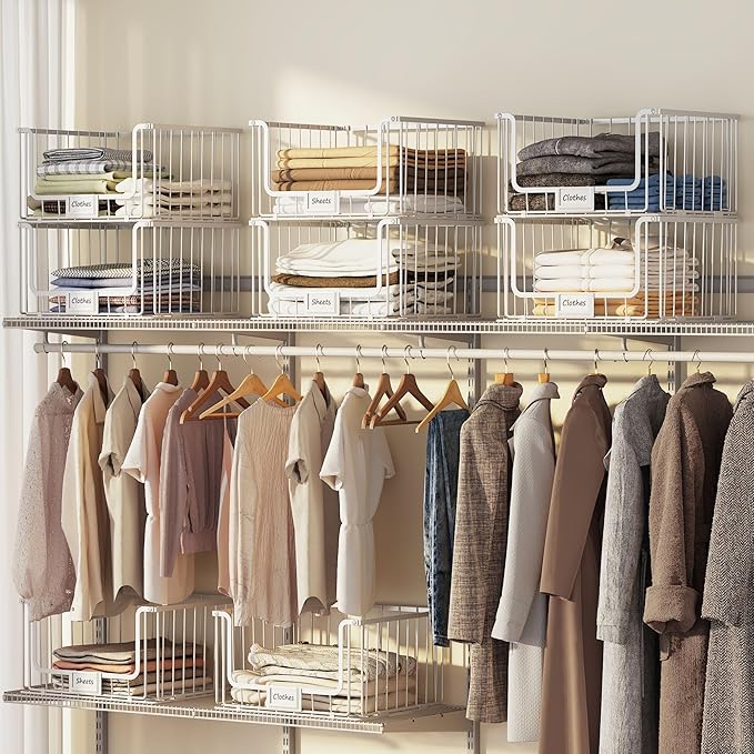 5-Tier Stackable Closet Organizers and Storage, Clothes Shelf Organizer, Foldable Wire Basket Bins, Sweater Storage for Closet and Pantry,11.8" D x 15.7" W, White