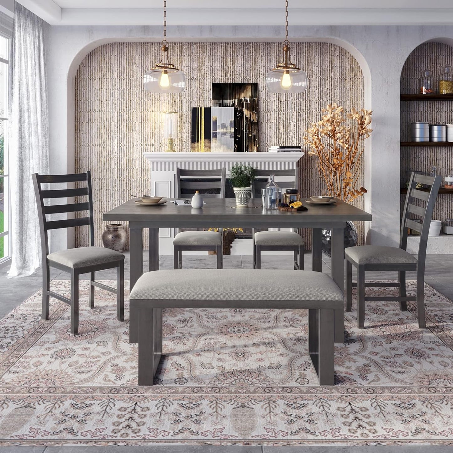 6 Pieces Dining Table Set with 60" Rectangle Kitchen Desk,Wooden Living Room Furniture W/ 4 Ladder Back Upholstered Chairs and 1 Bench,for Restaurant,Home Bistro,Gray