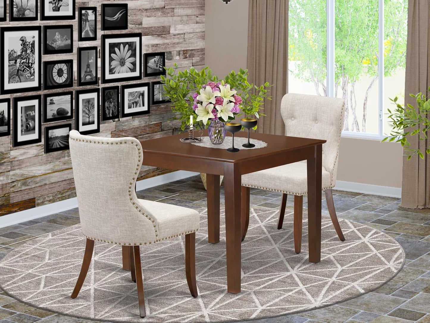East West Furniture OXSI3-MAH-35 3 Piece Dining Room Furniture Set Contains a Square Dining Table and 2 Doeskin Linen Fabric Upholstered Chairs, 36x36 Inch, Mahogany