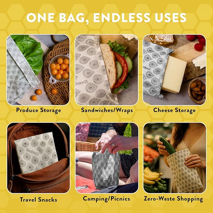 BeeBAGZ - Beeswax Wrap Storage Bag, Reusable Food Storage Bags, Pack of 3, Plastic Free Biodegradable Food Wrap Alternative, Lunch Pack, 2 Small + 1 Medium, (Grey)