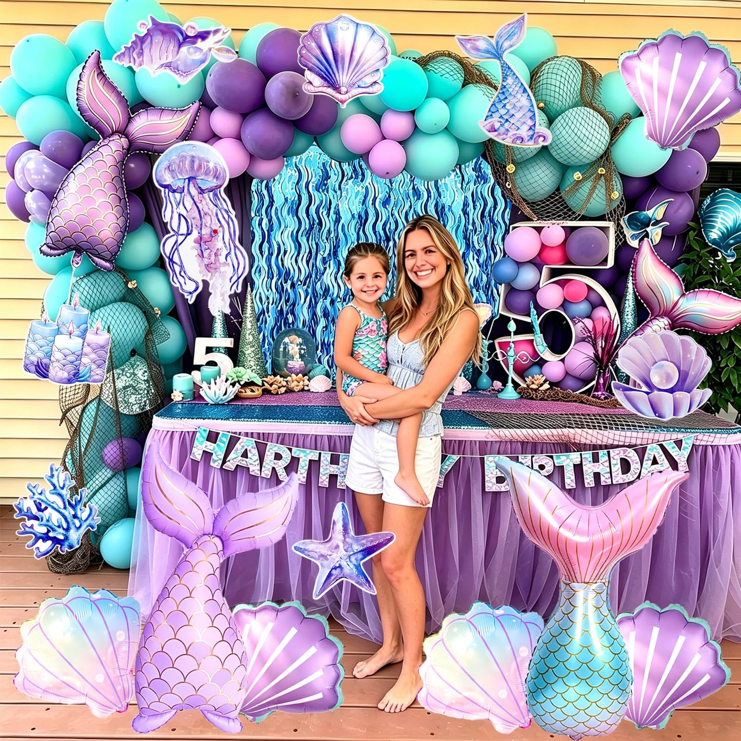 Mermaid Birthday Party Decorations, Under the Sea Party Supplies with Light Blue Wavy Tinsel Curtain, Happy Birthday Banner, Hanging Swirls,Shell Tail Foil Balloons for Girls Birthday