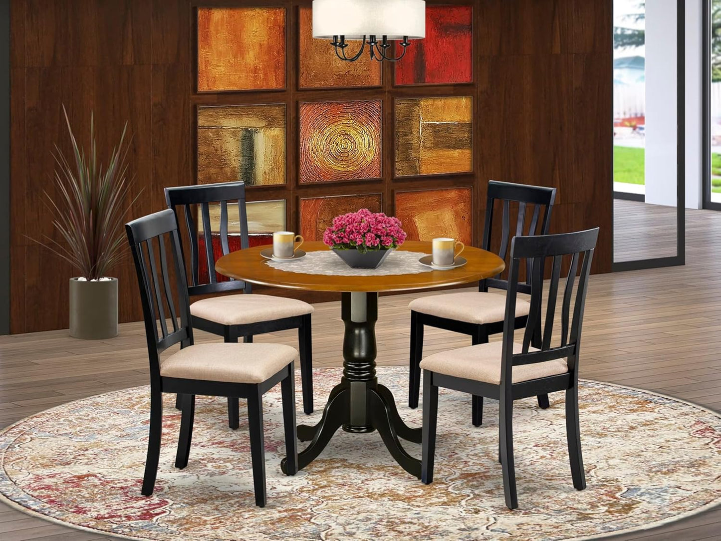 East West Furniture DLAN5-BCH-C 5 Piece Dining Table Set for 4 Includes a Round Kitchen Table with Dropleaf and 4 Linen Fabric Kitchen Dining Chairs, 42x42 Inch, Black & Cherry