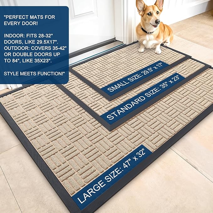 OLANLY Front Door Mat Outside Entrance 59x23, Absorbent, Heavy Duty Sturdy Natural Rubber Doormat Indoor Outdoor, Non-Slip, Stain and Fade Resistant, Low Profile Floor Mat for Entryway, Latte White