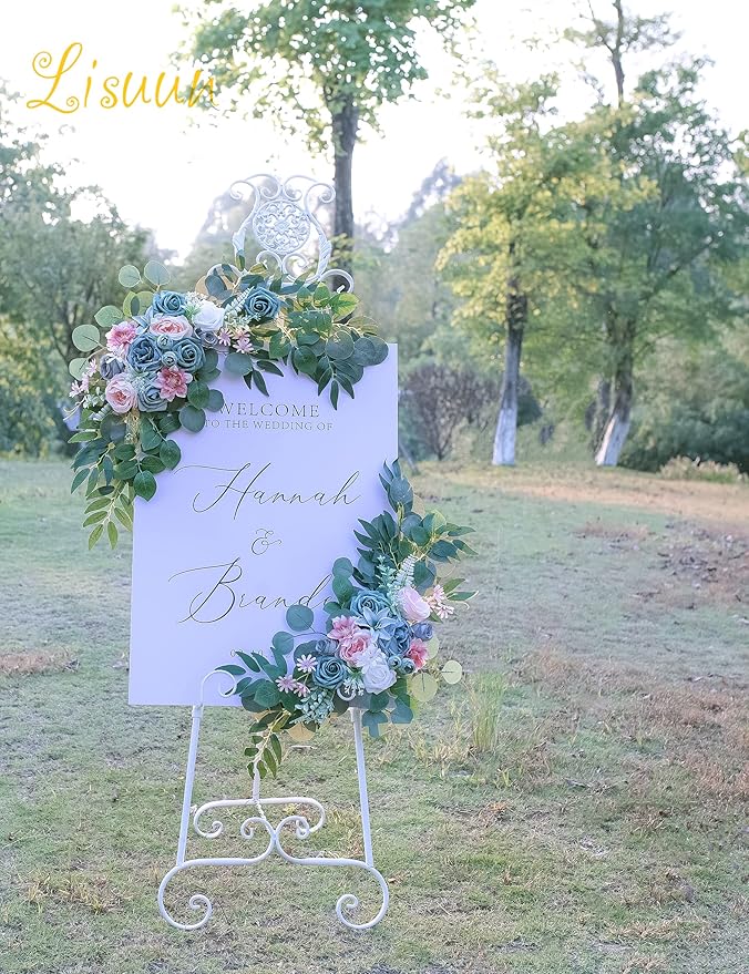 Wedding Arch Flowers, Artificial Floral Decor for Wedding Ceremony & Reception, Standard Size Large Flower Swag Set for Backdrop & Welcome Sign, Pack of 2 (Pink & Blue)