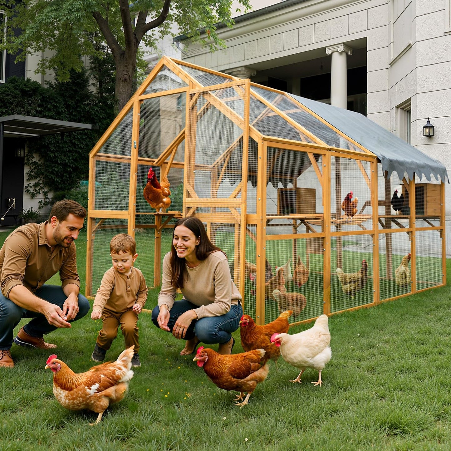 KEIKI 110" L Outdoor Large Chicken Coop with Waterproof Cover, Roosting Platform, Wire Mesh & 2 Lift Small Doors with Locks, Wood Chicken Coop House for Cat Kitten, Duck, Rabbit, Quail Playpen