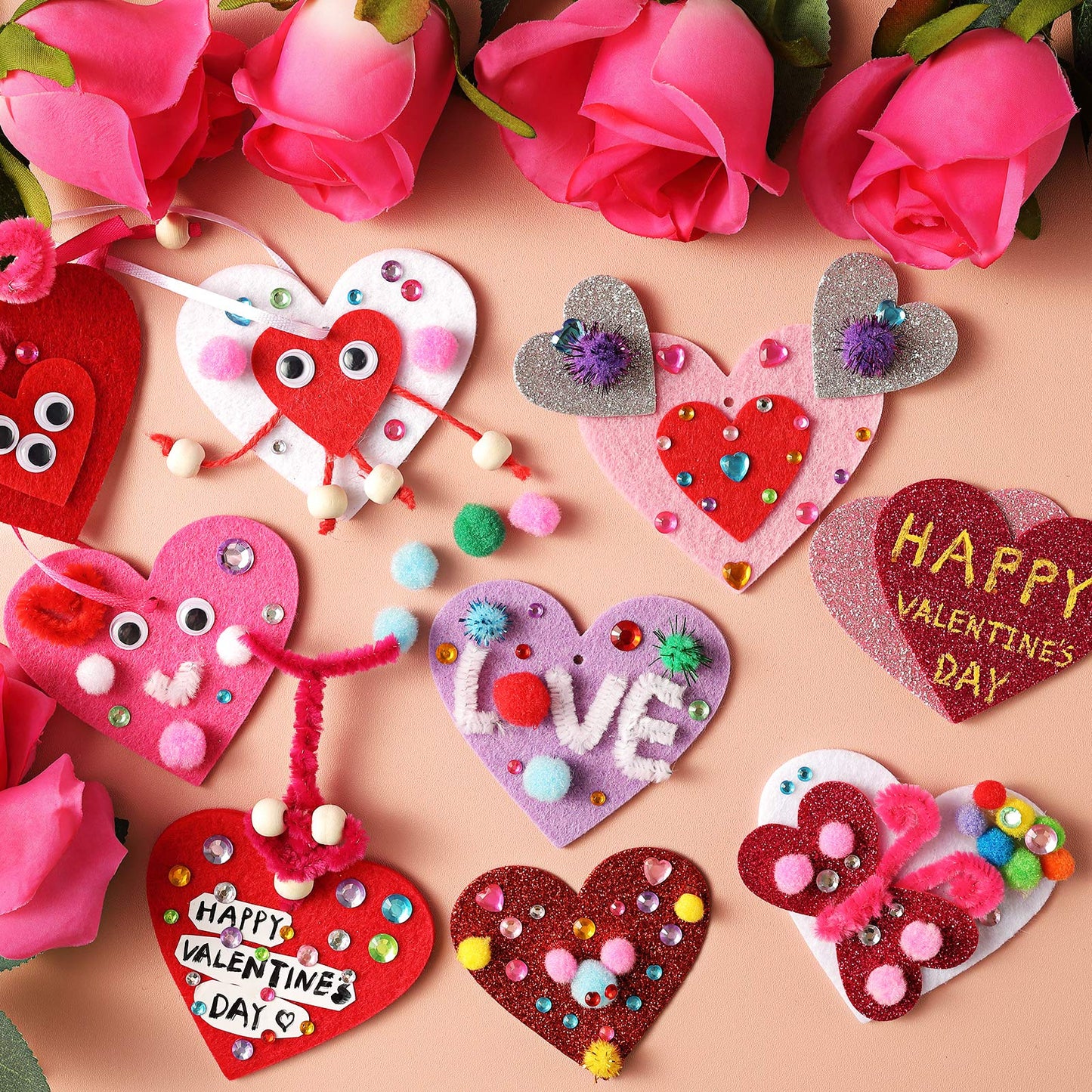 Valentine's Day Crafts for Kids - 361PCS DIY Heart Craft Set for School Gift, 108 Hearts, 50 Googly Eyes, 60 Pom Poms, 36 Wooden Beads, Craft Supplies for Party Favor Decoration