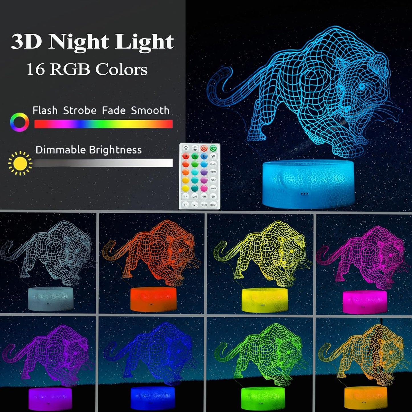 Panther Night Light, 3D Illusion Lamp, 16 Colors Changing, Timer, 4 Flash Modes, Dimmable, Kids Room Decoration, Xmas Panther Gifts