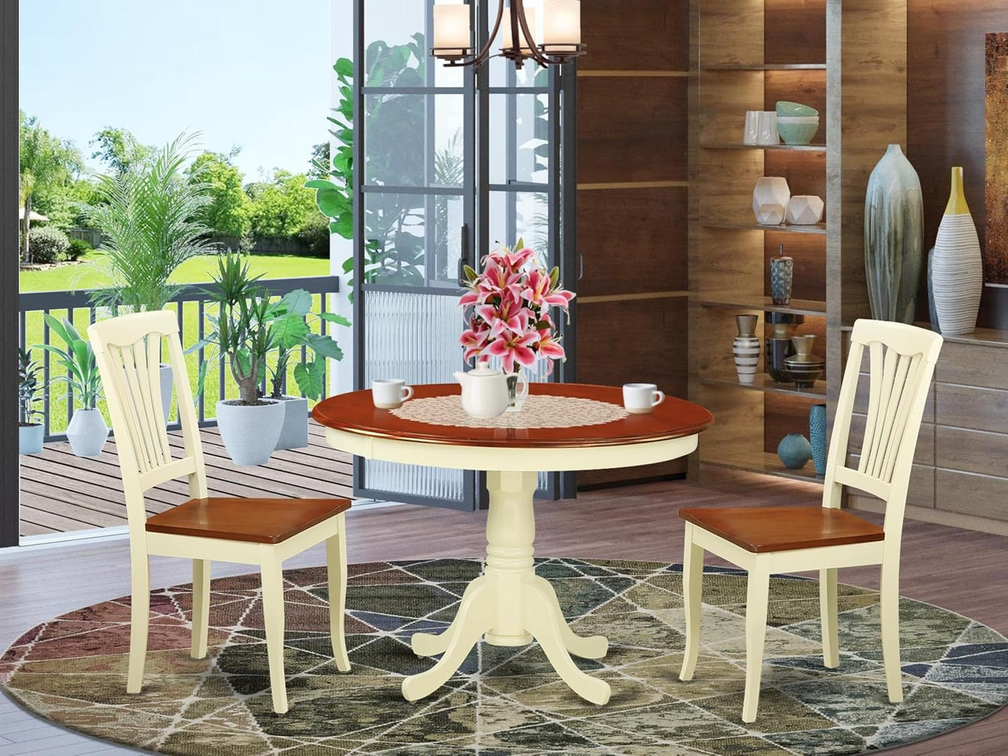 East West Furniture HLAV3-BMK-W 3 Piece Modern Dining Table Set Contains a Round Wooden Table with Pedestal and 2 Kitchen Dining Chairs, 42x42 Inch, Buttermilk & Cherry