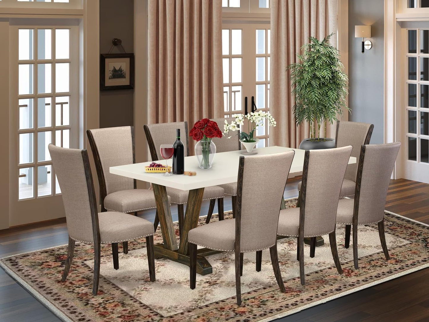 East West Furniture V727VE703-9 9 Piece Kitchen Table Set Includes a Rectangle Dining Table with V-Legs and 8 Brown Linen Fabric Parson Dining Room Chairs, 40x72 Inch, Multi-Color