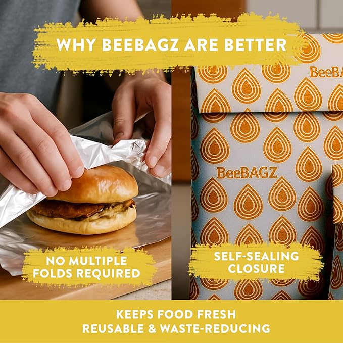 BeeBAGZ - Beeswax Wrap Storage Bag, Reusable Food Storage Bags, Pack of 3, Plastic Free Biodegradable Food Wrap Alternative, Starter Pack, 1 Small + 1 Medium + 1 Large, (Multicolors)