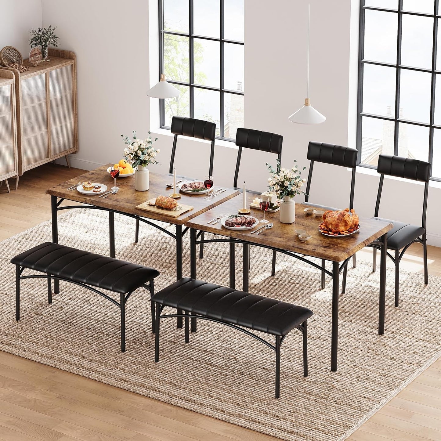 Garvee Dining Table Set for 4, Kitchen Table with Upholstered Bench and 2 Chairs, 4-Piece Wooden Dining Table Set for Apartment, Dining Room, Small Space, Brown