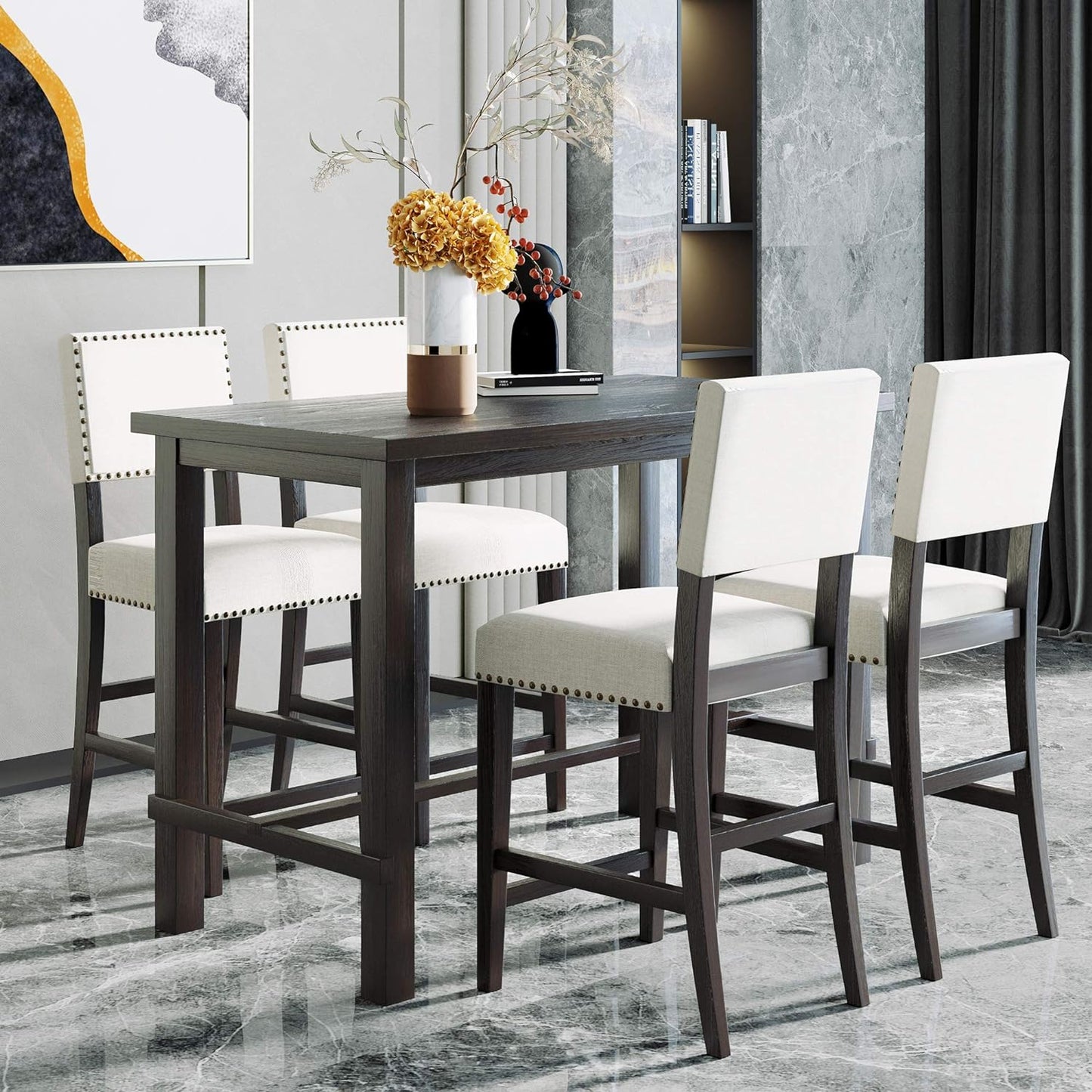 5 Pieces Dining Table Set,Wooden Living Room Furniture with 52" Rectangle Kitchen Desk,4 Upholstered Chairs W/Curved Backrests,for Restaurant,Home Bistro,Espresso and Beige