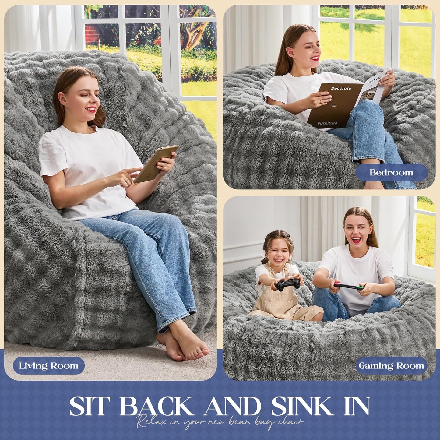 Hobestluk Bean Bag Chairs 5ft Beanbag Chair with Filler Adult Bean Bags with Fluffy & Machine Washable Cover, Giant Bean Bag Chairs for Adults (Grey, 5FT-50" x 50" x 24")