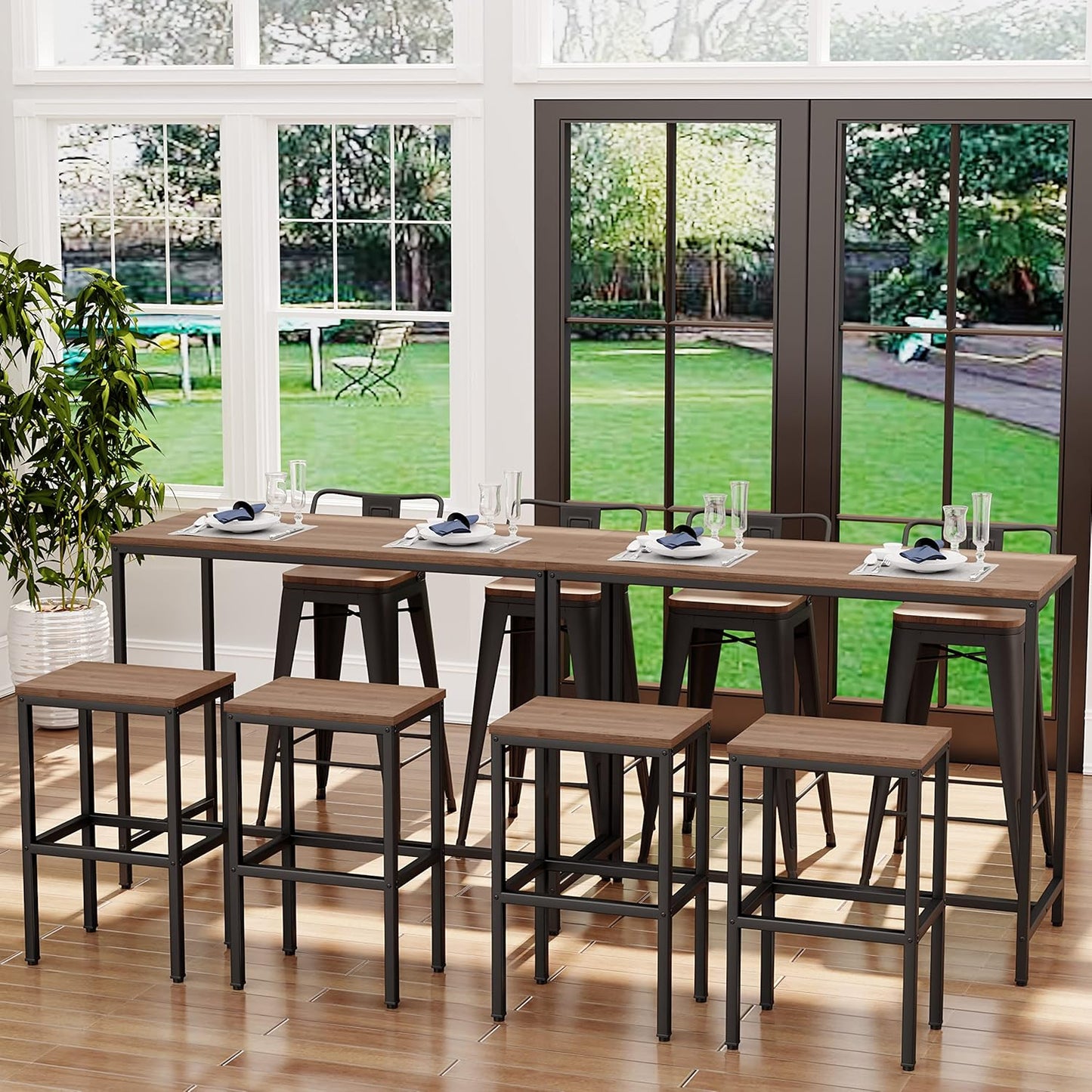 Aklaus Bar Table and Chairs Set 44" Dining Table Set Pub Bar Table with 2 Stools 3-Piece Kitchen Breakfast Table Set for Living Room Dining Room Sturdy Metal FrameBrown