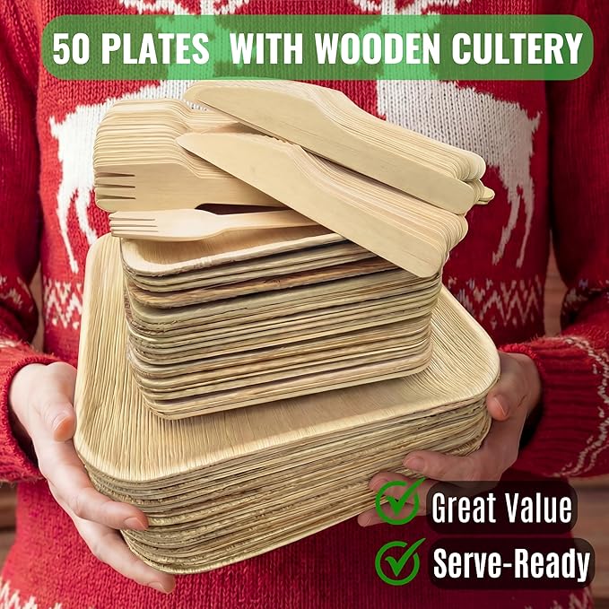 Palm Leaf Plates 10 Inch & 7 Inch – 50 Pack Palm Plates with 50 Wooden Forks & 50 Knives – Bamboo Plates Disposable and Bamboo Dinner Plates for Parties, Holidays, Christmas & New Year