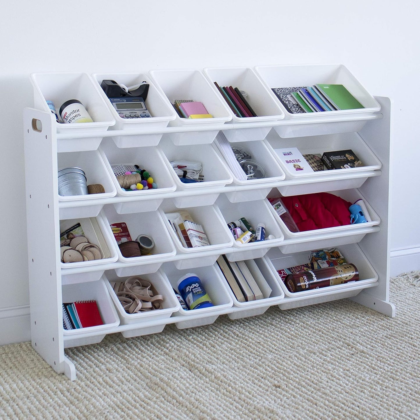 Humble Crew Extra-Large Toy Organizer with 20 Plastic Bins – White/White Storage Rack with 4-Tier Shelves, Anti-Tip Safety, for Kids’ Rooms, Playrooms, Nurseries & Classrooms