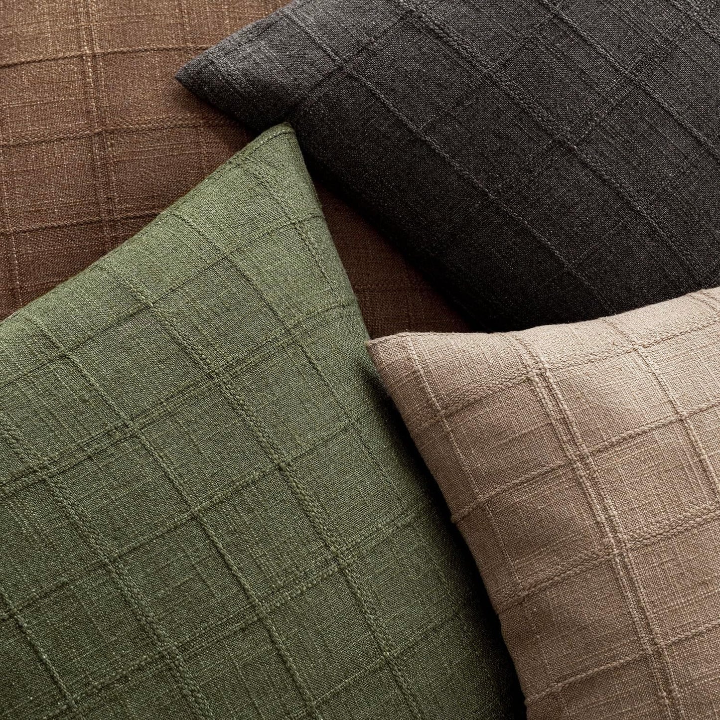 Foindtower Set of 2 Decorative Linen Check Throw Pillow Covers Neutral Farmhouse Vintage Cushion Covers Modern Boho Home Decor for Sofa Chair Couch Bedroom Living Room Outdoor,26×26 Inch,Olive Green