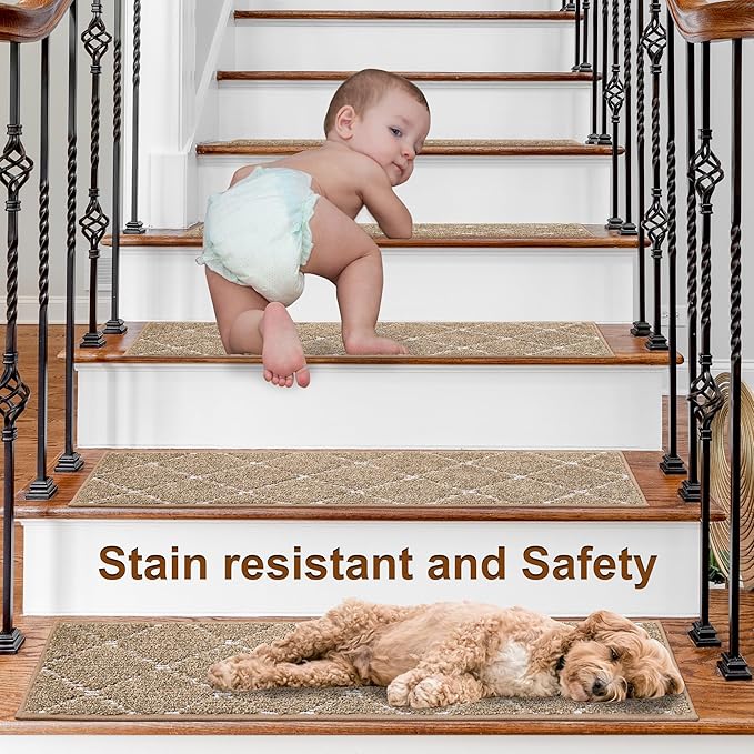 BEQHAUSE Stair Treads Non Slip Stair Runners for Wooden Steps Machine Washable Polyester Soft Stair Rugs 28inX9in Beige Stair Mats Safety Edging Stair Rugs for Dogs,Elders and Kids 4pcs