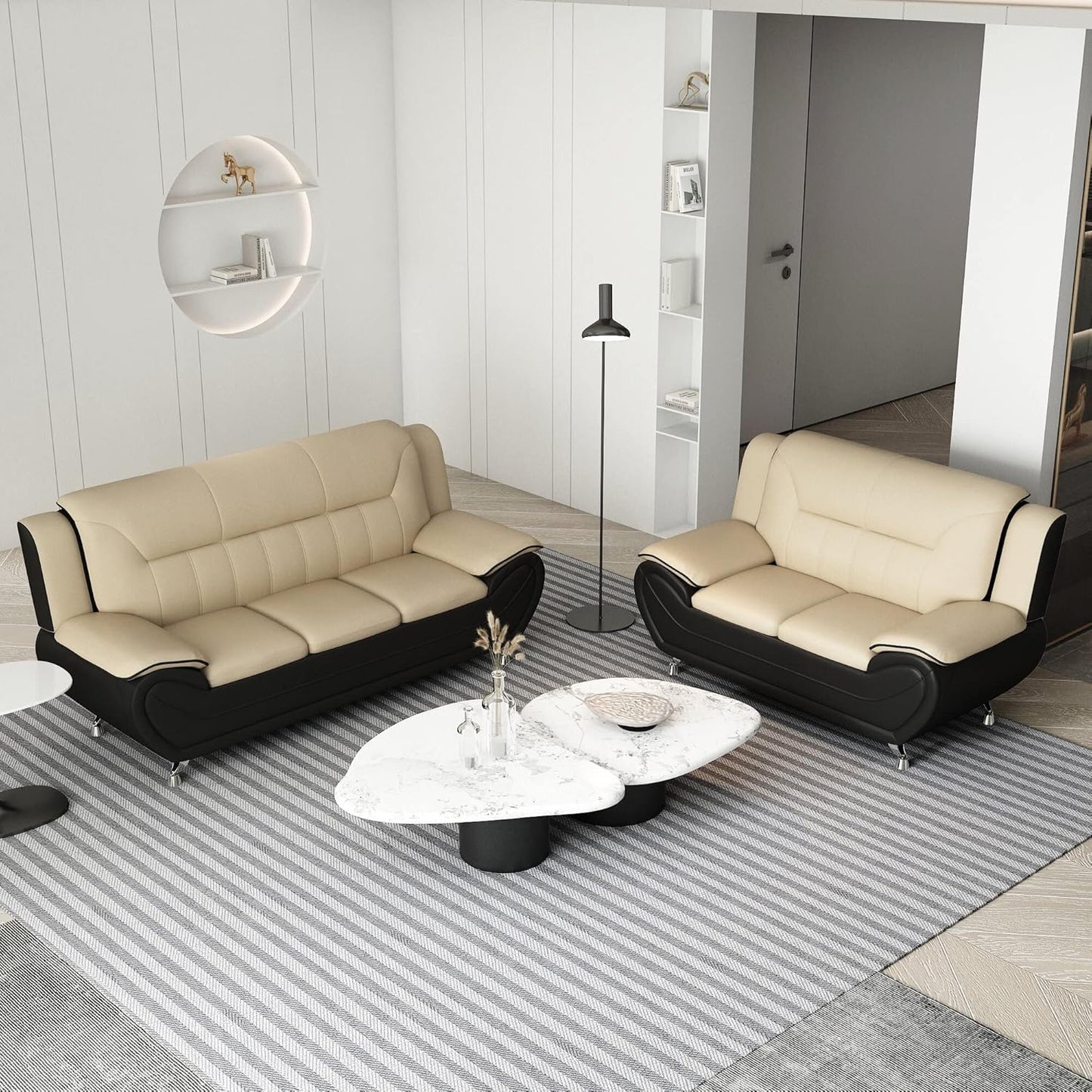 Container Furniture Direct Michael Modern Faux Leather Upholstered Stainless Steel Legs Living Room Sofa, Loveseat, Camel/Black