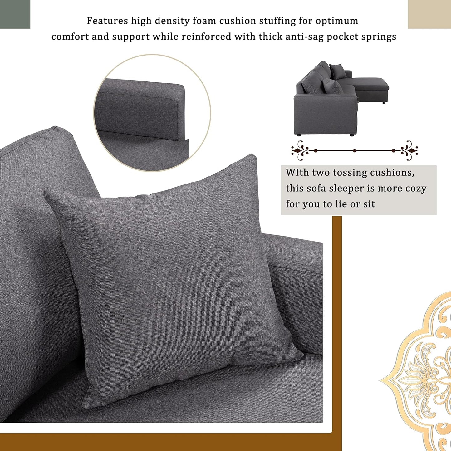 87.4 Inch L Shape Sleeper Sectional Sofa with Storage Chaise, Pull Out Bed and 2 Tossing Cushions, Upholstered Corner Couch for Living Room, Apartment, Home Furniture, Gray