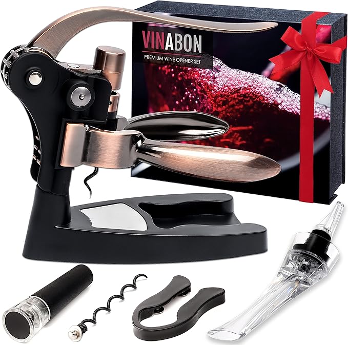 VINABON Wine Opener Set - Premium 2025 All-in-One Wine Bottle Opener Set with Wine Aerator, Foil Cutter, Stopper, Stand - Manual Lever Corkscrews Wine Opener for Wine Bottles with WineGuide eBook