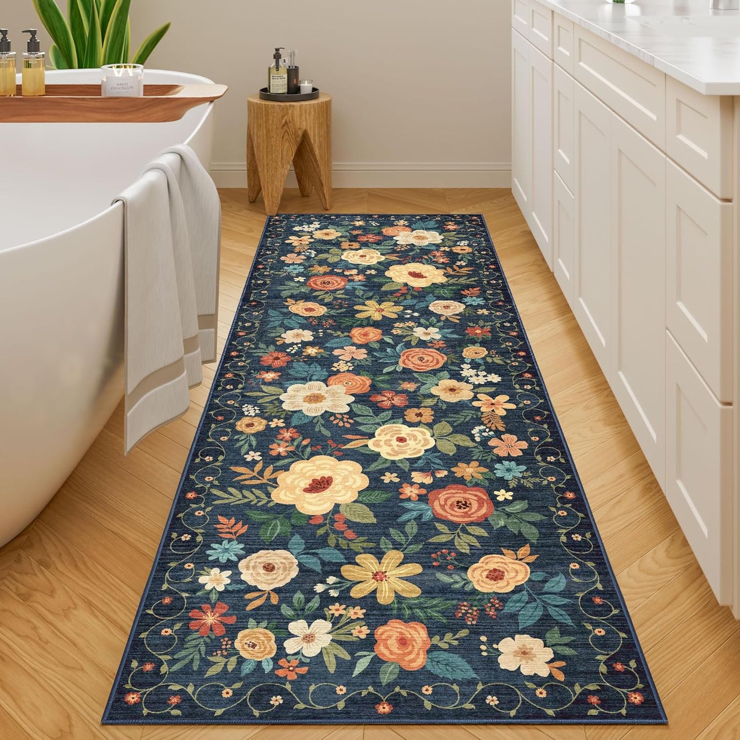 DUKINO Runner Rug, 2.6x8 Kitchen Rug for Hallway with Non Slip Backing, Washable Low Pile Soft Boho Floral Runner Carpet for Hallway, Kitchen, Entryway, Laundry, Bedroom, Dark Blue