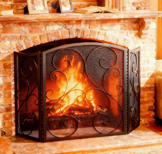 Fire Beauty Fireplace Screen 3 Panel Wrought Iron Metal 48"(L) x30(H) Spark Guard Cover(Black)