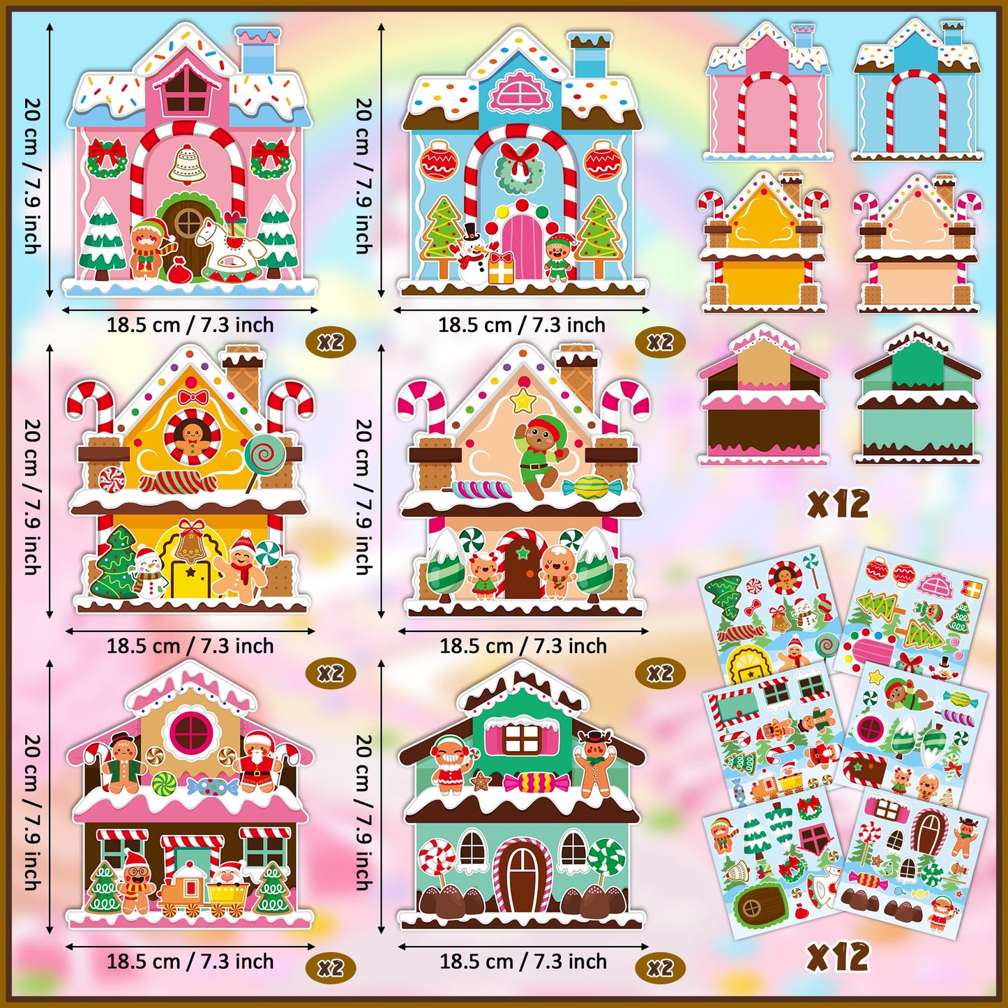 Aginc Berry 12Pcs Christmas Gingerbread Candy House Scene Sticker Art Craft, Make Your Own Christmas Candy House Sticker Scene with Xmas Tree Snowman Stickers for Kids, Xmas Holiday Party Favors