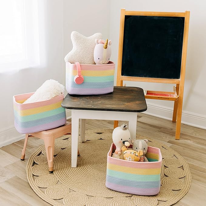 OrganiHaus Rainbow Woven Storage Baskets for Organizing, Cotton Rope Organizer Bins for Shelves, Closet & Nursery, Dog Toy Basket, Decorative Bins for Toys, Towels & Books - 15x10x9