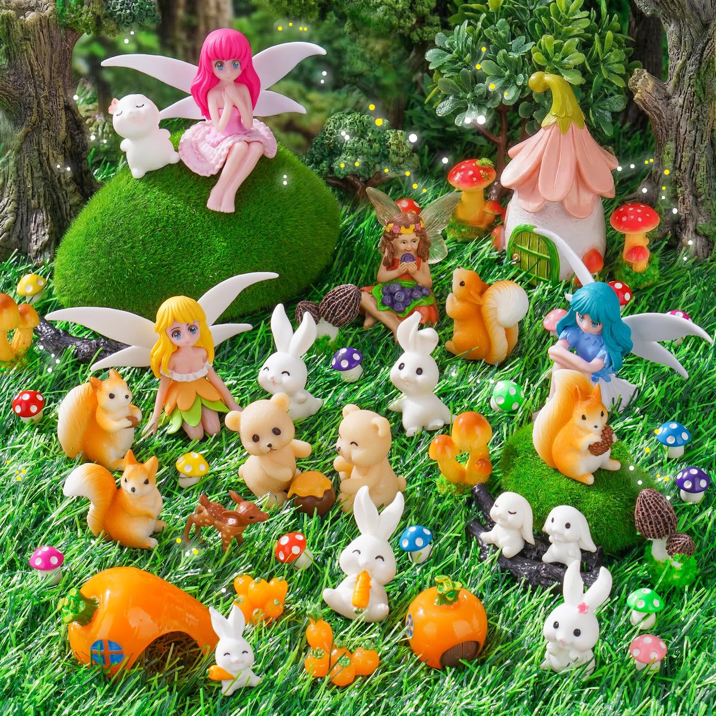 NiToy 50-Piece Mini Fairy Garden Accessories Kit, Resin Fairy House (3.1" H) with 49 Miniature Figurines - Animals, Mushrooms and Fairies for DIY Terrarium, Planter, Flower Pot and Desktop Decor
