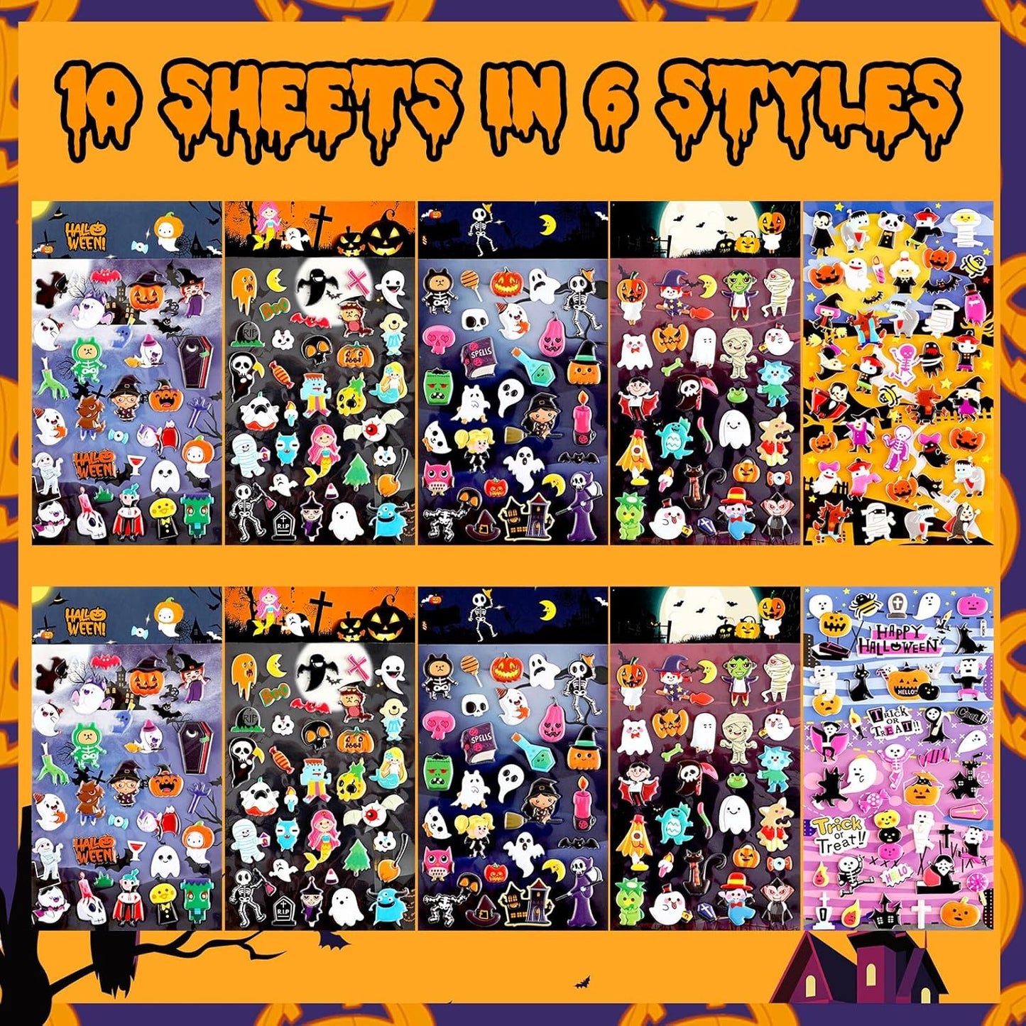 UPINS Halloweens Stickers for Kids, 10 Sheets 3D Happy Halloween Stickers Cute Puffy Stickers Ghost Pumpkin Skull Bat Spider Foam Stickers for Halloween Party Favors Scrapbooking DIY Crafts