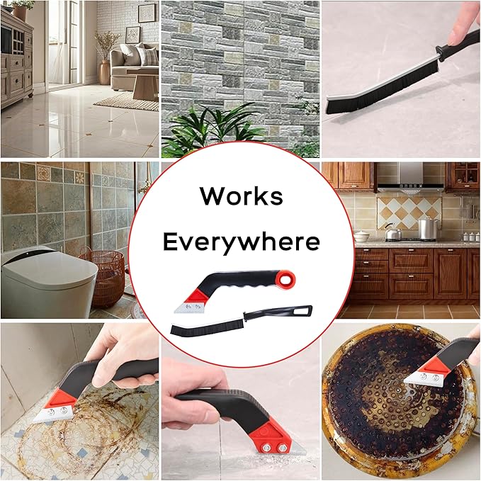 Grout Removal Tool Kit - 2 Scrapers, 6 Blades & 2 Cleaning Brushes for Tile Grout Cleaning, Grout Scraper Tool for Bathroom, Kitchen, Floor Tiles - Durable & Easy to Use