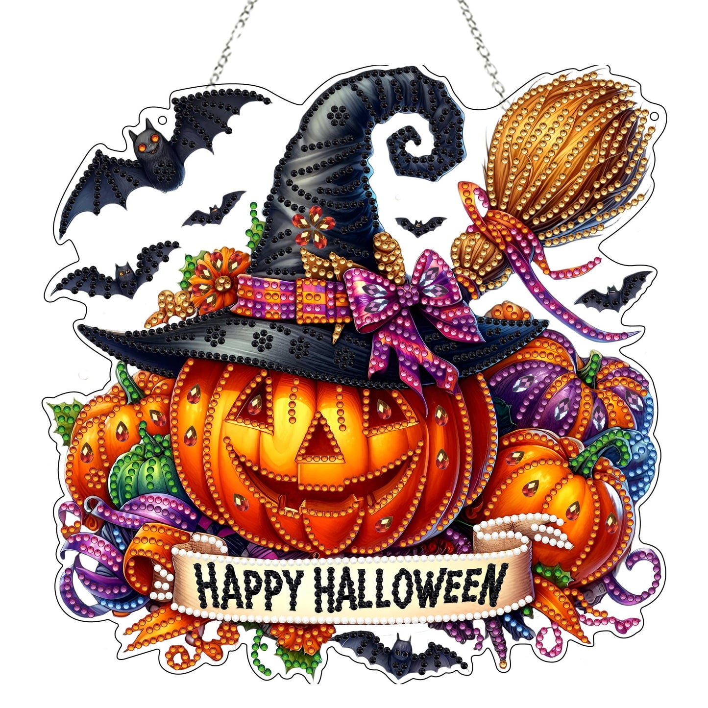 JJFox DIY Acrylic Diamond Art Painting Wreath Kits Special Shaped Rhinestone Diamond Art Window Pendants Home Garden Wall Hanging Kits Hanging Ornament (Happy Halloween)