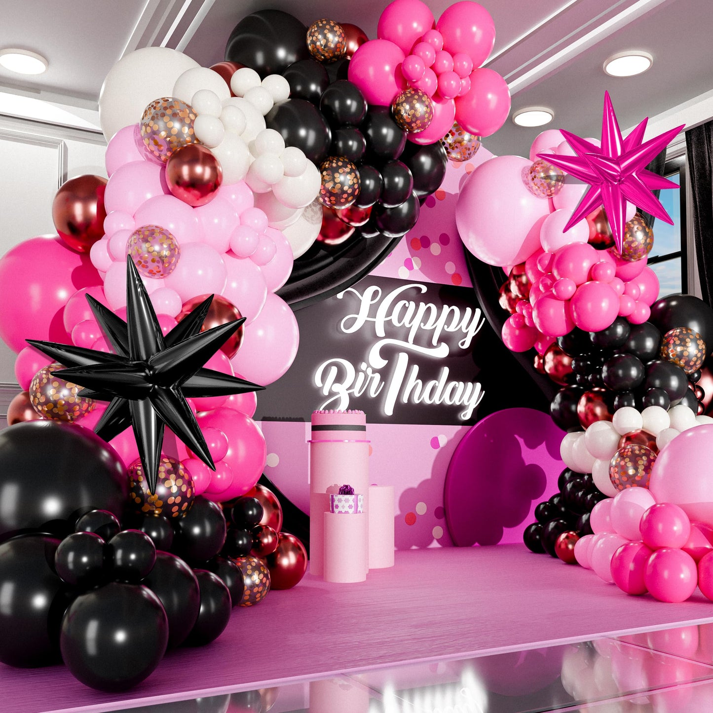 ALL-IN-1 Pink and Black Balloons Arch Kit with BONUS Starburst Balloons – Pink Black and White Balloons for Hot Pink and Black Party Decorations for Birthday and Theme Party Celebrations