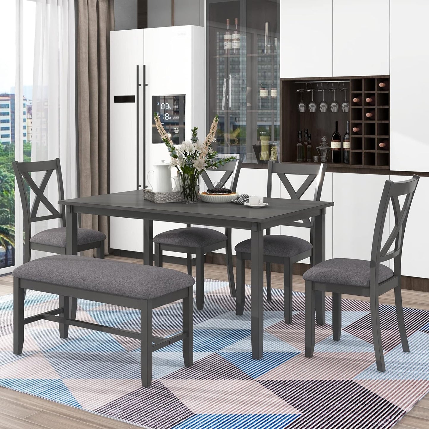 Merax 6-Piece Kitchen Dining Table Set Wooden Rectangular Dining Table, 4 Dining Chair and Bench Family Furniture for 6 People, Grey