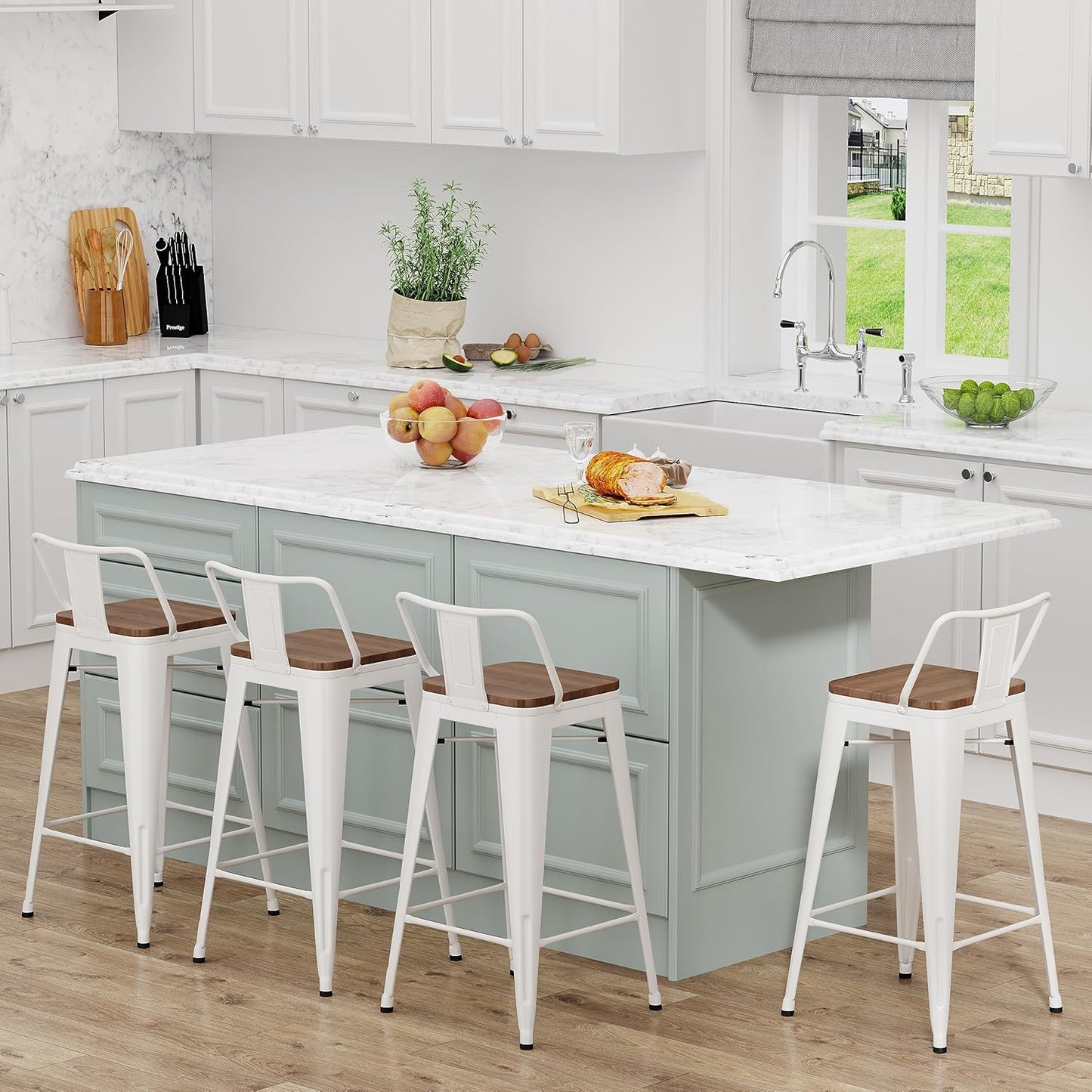 Yongchuang 26 inch Bar Stools Set of 4 Kitchen Counter Height Chairs with Wood Seat Industrial Low Back Metal Barstools Cream White