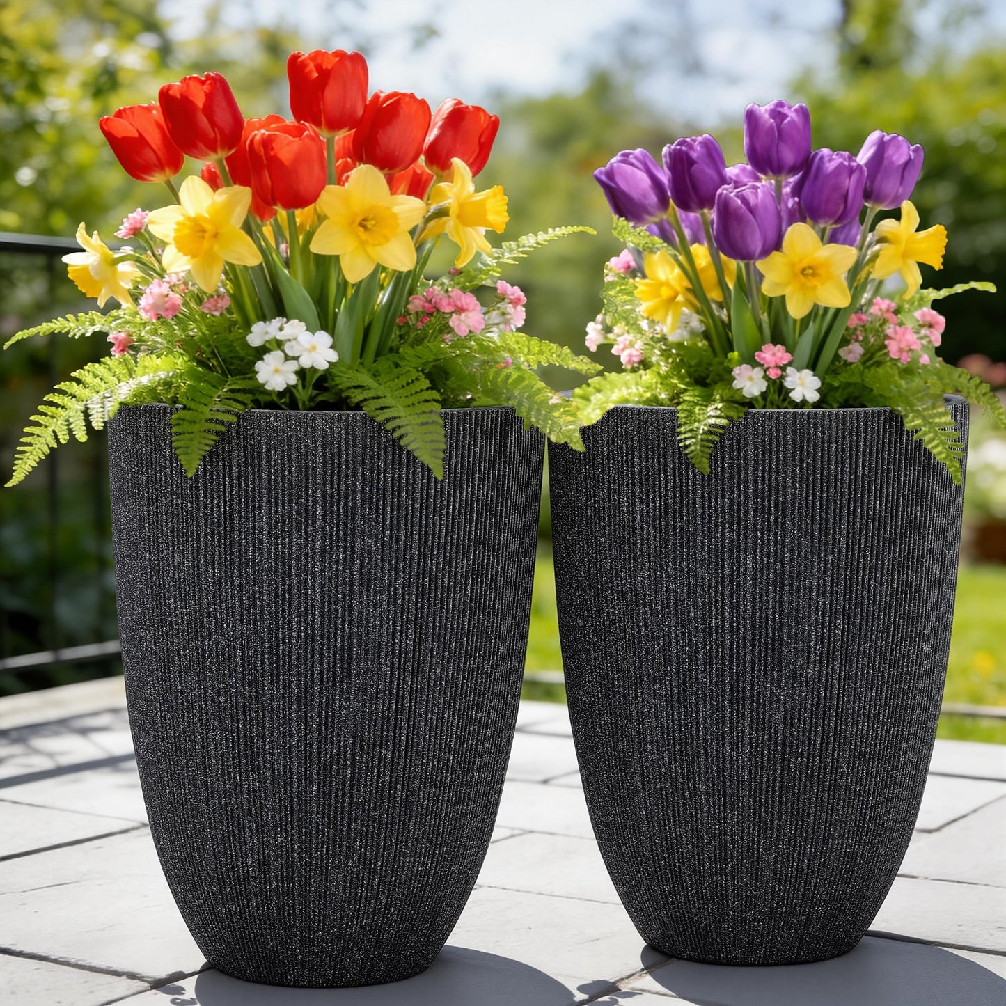 Ultym 2 Pack 19" Tall Black Fluted Concrete-Look Resin Planters, Large Round UV-Resistant Flower Pots for Indoor Outdoor Plants, Decorative Ribbed Planters for Garden Patio Porch Home Office