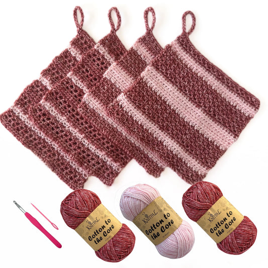 KnitPal Everyday Joy Crochet Kit for Confident Beginners – Make 4 Reusable 7.5 x 7.5 in Dishcloths – with Cotton to The Core Yarn (#3 DK), Hook, Patterns & Video Tutorials (Cherry Red + Blush Pink)