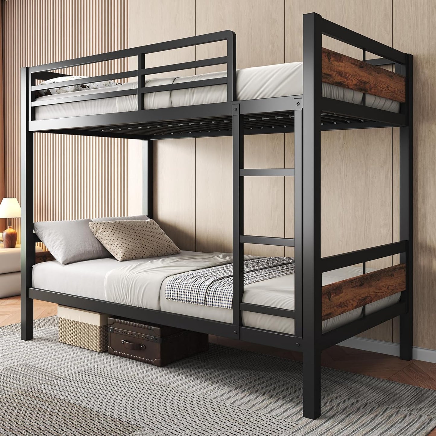 Feonase Metal Bunk Bed Twin Over Twin with Ladder and High Guardrail, Heavy-Duty Metal Slats Support, Noise Free, No Box Spring Needed, for Kids and Juniors, Vintage