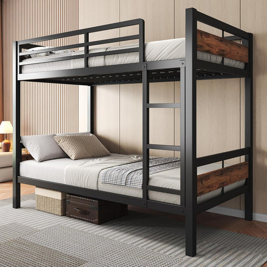 Feonase Metal Bunk Bed Twin Over Twin with Ladder and High Guardrail, Heavy-Duty Metal Slats Support, Noise Free, No Box Spring Needed, for Kids and Juniors, Vintage