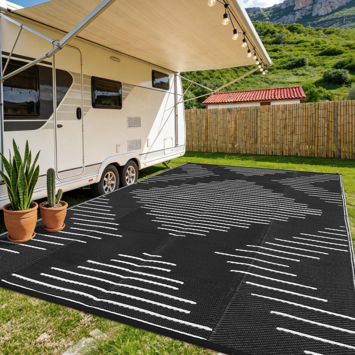 Garvee Waterproof Outdoor Area Rug 9x12 Plastic Reversible Rug for Patio Decor Easy-Cleaning Large Floor Mat for Camping RV Porch Deck Backyard Balcony Picnic Black White