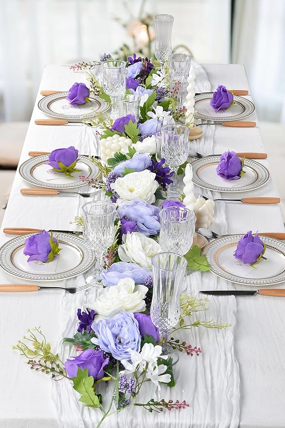 DearHouse Artificial Peony Flower Garland - 6ft Silk Peony Garland with White Purple Flowers for Wedding Party Table Decoration