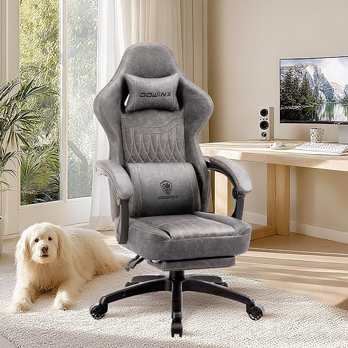 Dowinx Gaming Chair Breathable PU Leather Gamer Chair with Footrest Massage Lumbar Support, Big and Tall Ergonomic Reclining Computer Chair with Pocket Spring Cushion for Adults Teens (Grey)