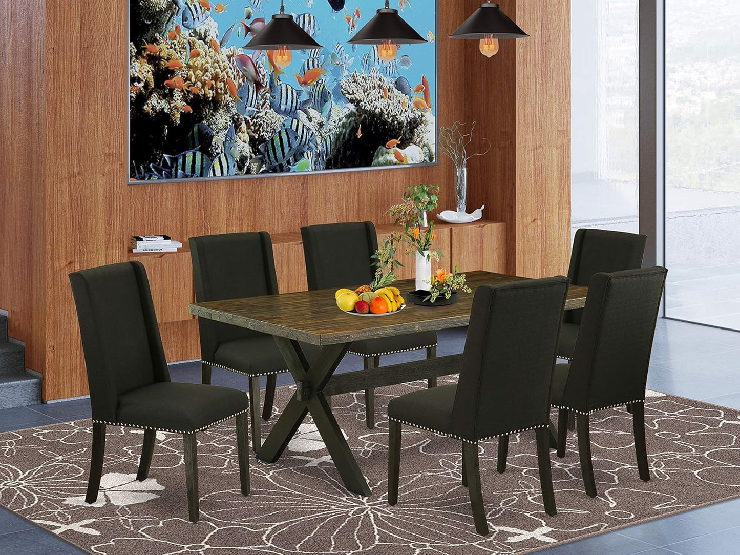 East West Furniture X677FL624-7 7 Piece Modern Dining Table Set Consist of a Rectangle Wooden Table with X-Legs and 6 Black Linen Fabric Parson Dining Chairs, 40x72 Inch, Multi-Color