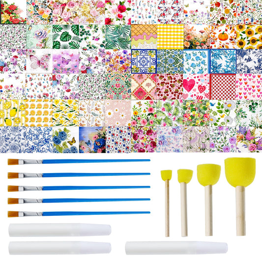 72Pack 60 Styles Paper Napkins for Decoupage with 30ml Glue and 9 Brush 6 Color Assorted Floral Designs Decorative Decoupage for Crafts, Party Table Décor, DIY Art, and Home Decoration