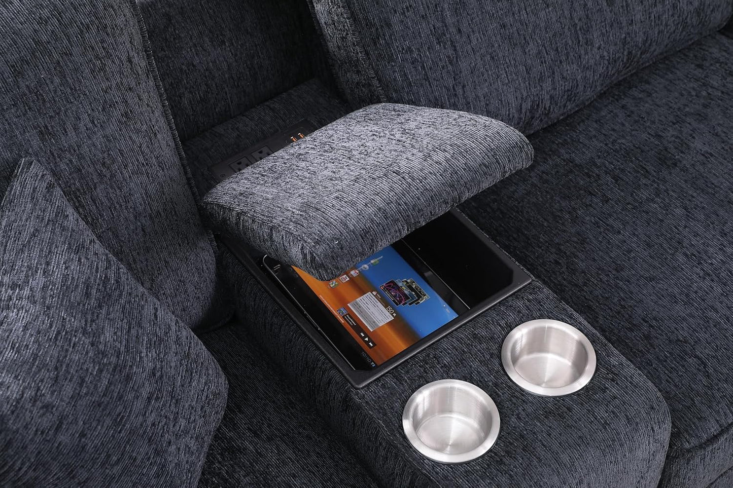 127" L-Shaped Sectional Couch with Movable Ottoman&6 Throw Pillows,7 Seat Chenille Upholstered Sofa W/2 Cup Holder,USB Port&Hidden Storage Box,DIY Combination,for Living Room,Apartment,Dark Gray
