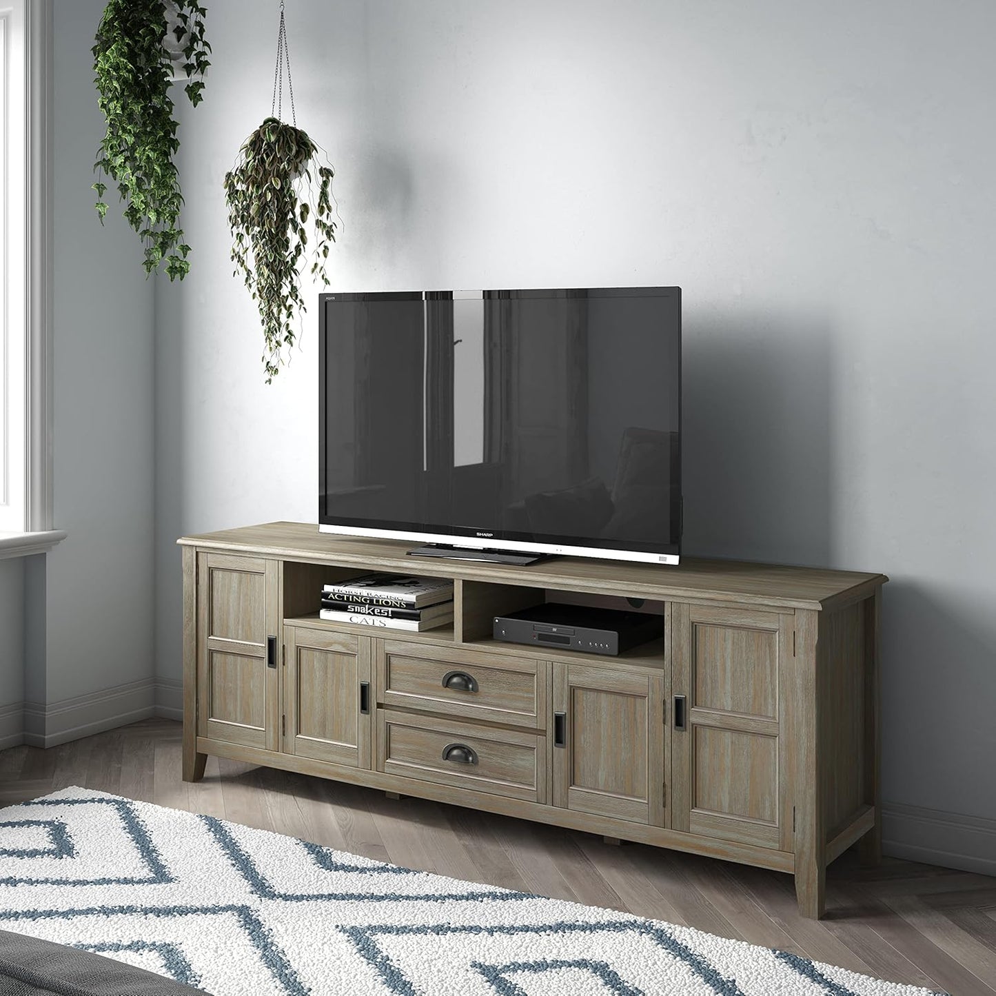 SIMPLIHOME Burlington SOLID WOOD 72 inch Wide Transitional TV Media Stand in Distressed Grey For TVs up to 80 inches for the Living Room and Entertainment Center